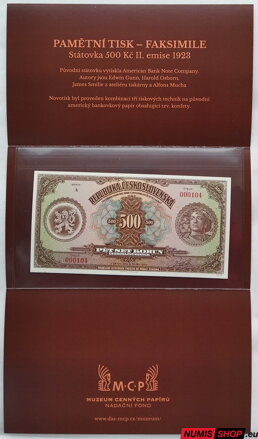 ČSR - 500 korun - 1923 - Hnedý legionár - faksimile -  FOLDER - originál americký papier